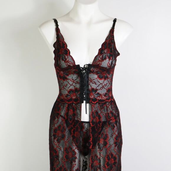 Vintage Escante Goth Slip Dress Medium Black Red Sheer Lace Dark Romantic Scene - Picture 5 of 12